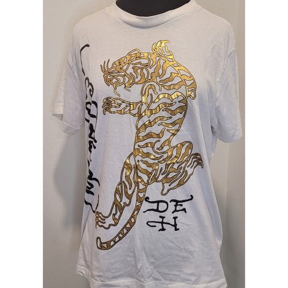 Y2K Ed Hardy Gold Tiger Logo Tee White Vintage Large Retro Scene Emo - Picture 1 of 10